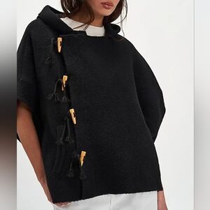 Free People Black Poncho with Wooden Accents